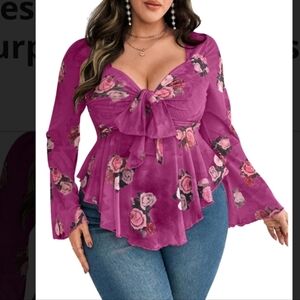 Floerns Women's Plus Size Sheer Top 3X Pink Roses Long Sleeve V Neck